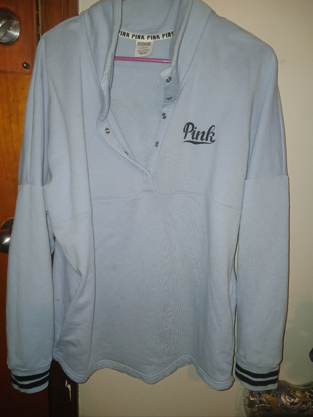 SOLD! PINK Victoria's Secret Light Blue Snap-Up Pullover